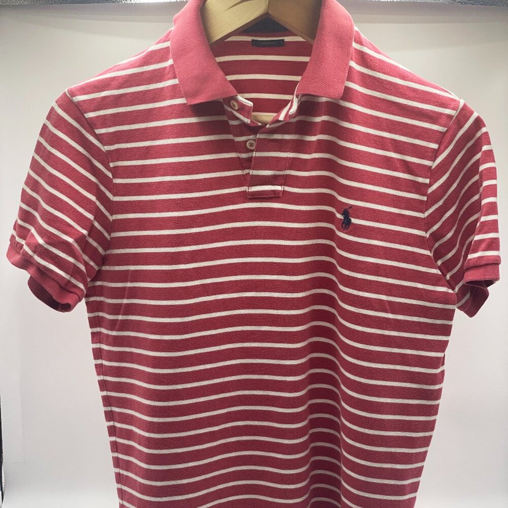 Polo Ralph Lauren Men's Red & Beige Stripes w/ Navy Blue Logo, Large Custom Fit